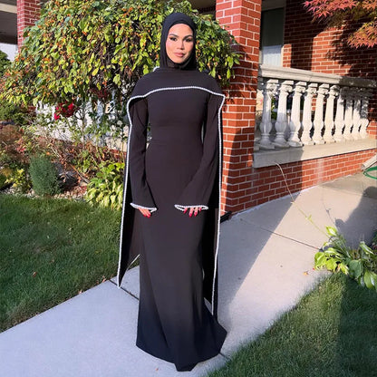 Robe longue Cape avec bordure en perles blanches pour femmes, manches longues, taille cintrée, Abaya musulmane, collection printemps Aïd 2026
