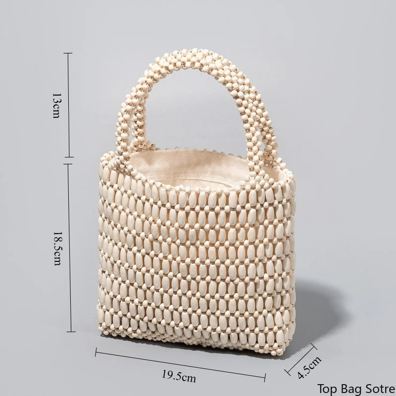 Women's Tote Bag Large Capacity Color Block Wooden Beaded Handmade Bohemian Summer Beach Resort Vacation