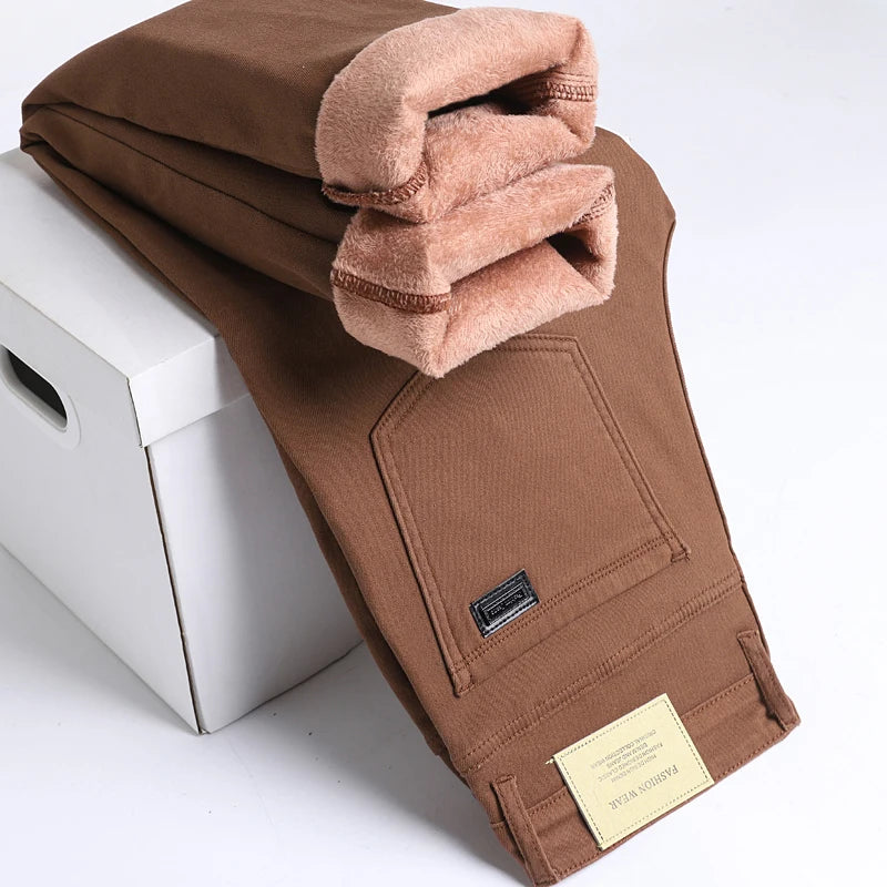 Winter Fleece Jeans Men's Cotton Soft Elastic Fit Straight Warm Plus Velvet Denim Pants Thick Fashion Korean Casual Trousers