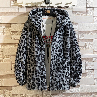 Automne Doux Léopard Veste Hommes Fermeture Éclair Sweat à Capuche Manteau Mode Décontracté Rue Vêtements d'Extérieur Coupe-Vent Lâche Vêtements Homme Femme