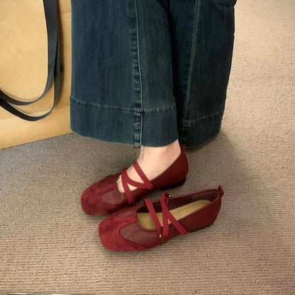Spring Ballet Flats Women Comfy Splicing Leather Square Toe Mary Janes Elastic Cross Straps Vintage Sporty Ladies Footwear Shoes