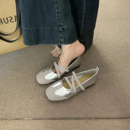 Spring Ballet Flats Women Comfy Splicing Leather Square Toe Mary Janes Elastic Cross Straps Vintage Sporty Ladies Footwear Shoes