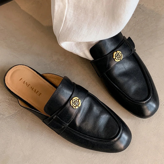 Mules décontractées pour femme en cuir de vachette, bout rond, à enfiler, plates, sandales d'été, de haute qualité, souples et confortables, avec boucle en métal