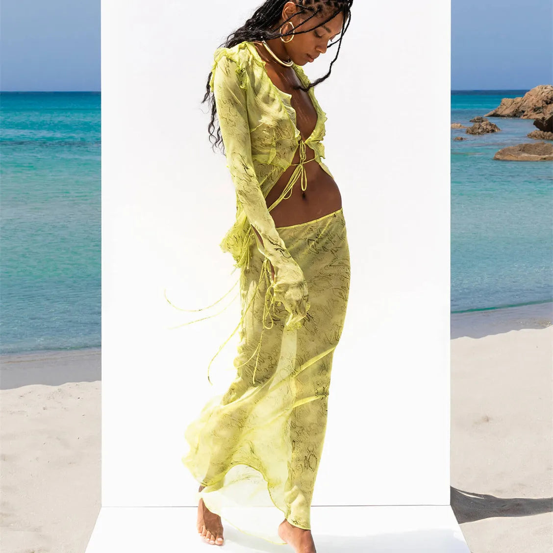 Hirigin Chic Women 2 Piece Long Skirt Sets Sexy Floral Crop Cami Top Low Waist Bodycon Ruffle Maxi Skirt Summer Beachwear