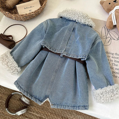Winter Girls Thick Demin Coats Baby Plus Velvet Warm Outerwear With Belt Kids Princess Designed Long Jackets Children Clothes