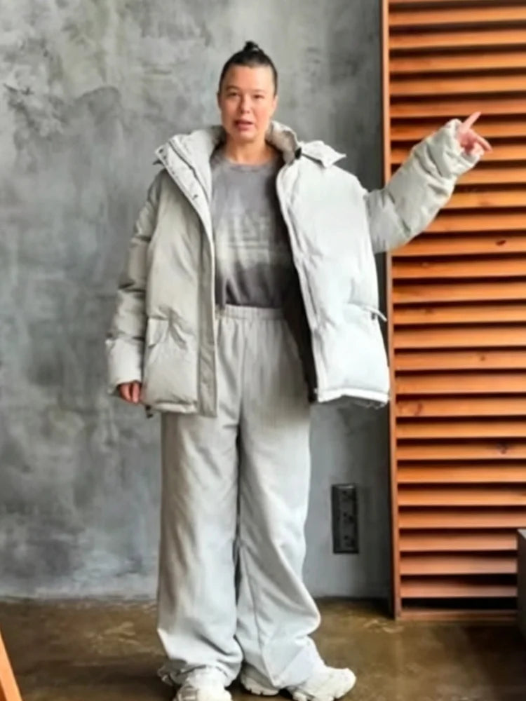 Women Winter Matching Set Multi Color Options Vertical Stripe Hooded Cropped Puffer Jacket Baggy Wide Leg Pants Warm Outfit Sets