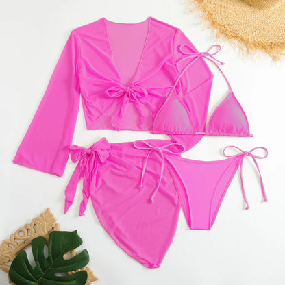 Ensembles de bikinis micro string roses pour femmes 4 pièces avec hauts en maille et jupe maillot de bain tenues de plage biquini