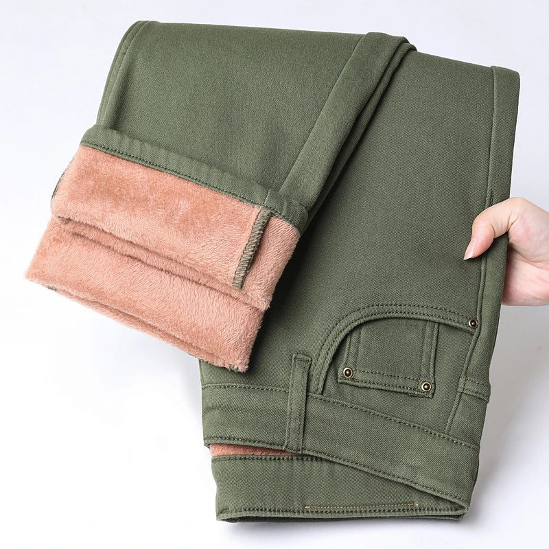 Winter Fleece Jeans Men's Cotton Soft Elastic Fit Straight Warm Plus Velvet Denim Pants Thick Fashion Korean Casual Trousers
