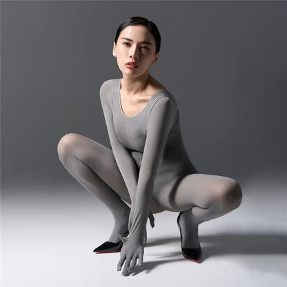 Combinaison moulante pour femme avec capuche, unité très élastique, huile brillante et lustrée, body sexy, gants à cinq doigts, collants gainants et fuselés.