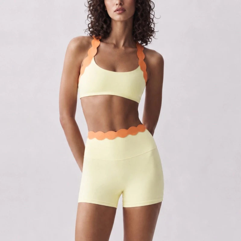 Women 2 Piece Yoga Set Contrast Scalloped Trim Halter Sports Bra Criss‑Cross Back High Waist Leggings Workout Clothes Gym Set