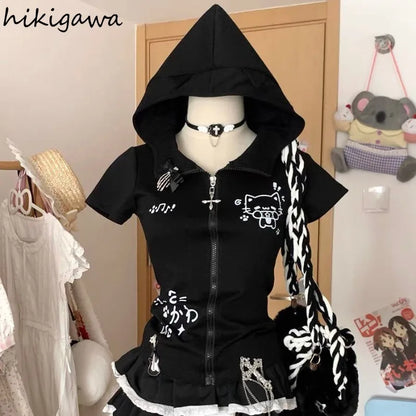 Cat Ears Hooded Sweatshirts 2025 Women Clothes Short Sleeve Zipper Slim Fit Hoodies Y2k Tops Casual Fashion Japanese Cute Hoodie