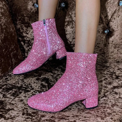 Fashion Women's Boots 2025 Bling Sequins Solid Color Side Zipper Luxury Comfortable Midsole Boots Zapatos De Mujer Party Girls