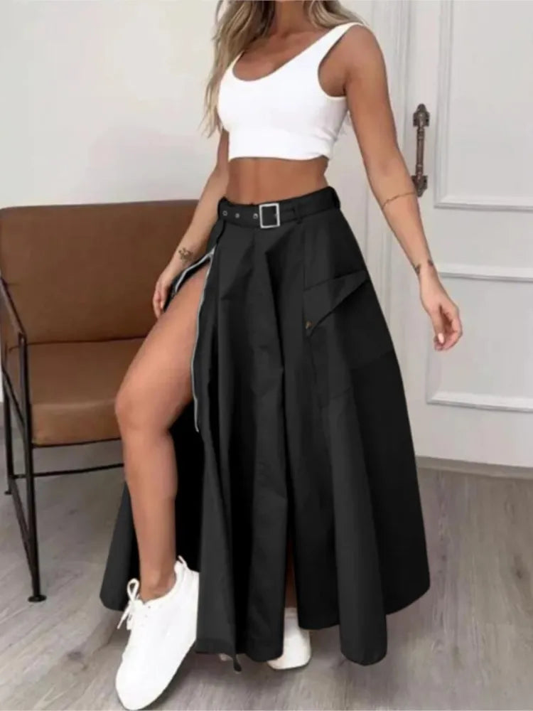 Women Fashion Solid Casual High Waist Skirt Set Summer White Tank Zipper Decoration With Belts Pockets High Slit Maxi Skirt Sets