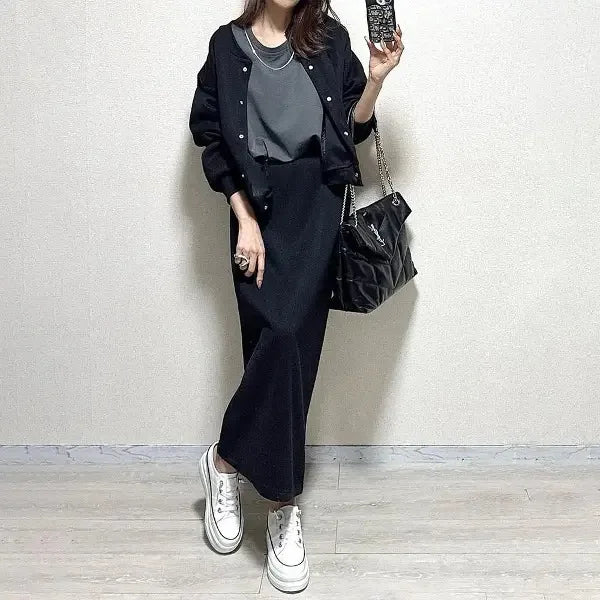 Women Two Piece Sets Skirt Set Full Sleeve Ribbed Neck Tops Plain Skirts A Line Elastic Waist Y2k Streetwear Elegant Work Spring