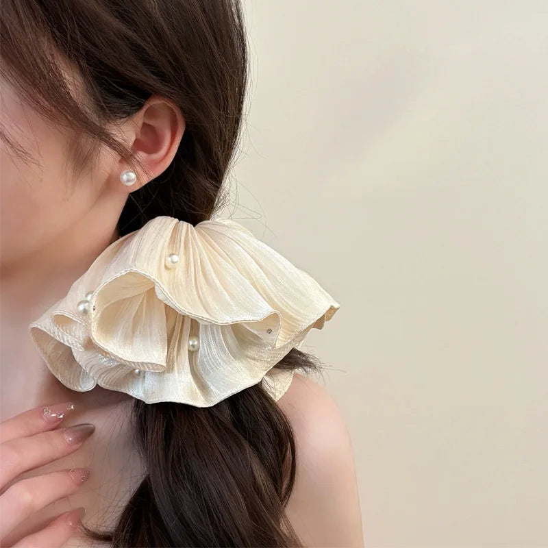 High-End Super Fairy Imitation Pearl Mesh Headband with Pleated Texture Floral Hair Rope Ponytail Accessory