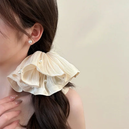 High-End Super Fairy Imitation Pearl Mesh Headband with Pleated Texture Floral Hair Rope Ponytail Accessory