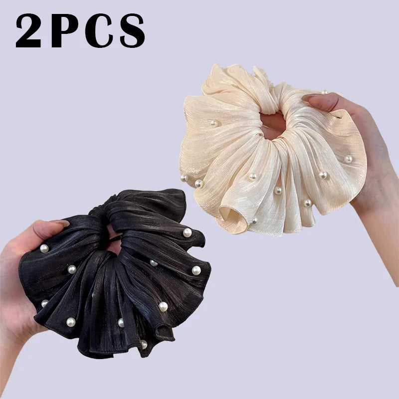 High-End Super Fairy Imitation Pearl Mesh Headband with Pleated Texture Floral Hair Rope Ponytail Accessory