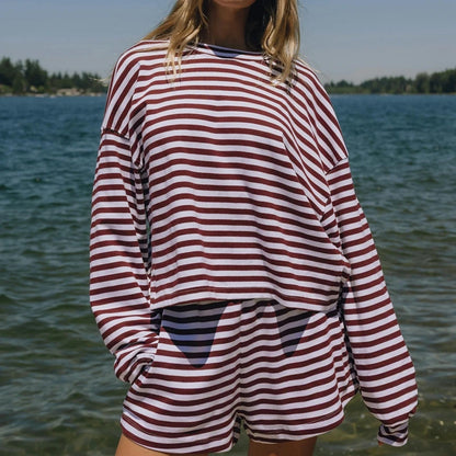 Ensemble 2 pièces rayé Y2K Combhasaki pour femme - Haut décontracté à manches longues et col rond + short de survêtement taille haute élastique à jambes larges