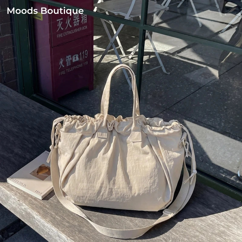 Big Drawstring Bucket Shoulder Bags For Women Nylon Fabric Lightweight Large Capacity Shopper Totes Pure Color Practical Handbag