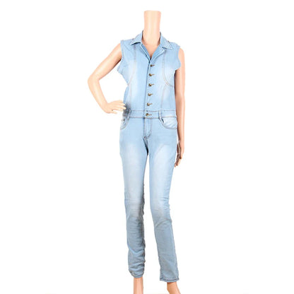 Combinaison en jean pour femme, coupe ajustée et sexy, fermeture éclair, sans manches, col en V, taille haute, barboteuse tendance en jean