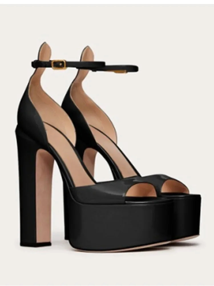 Sandales d'été neuves pour femmes, à talons hauts épais et bouche de poisson, plateforme imperméable à semelles épaisses, chaussures sexy pour les fêtes et mariages