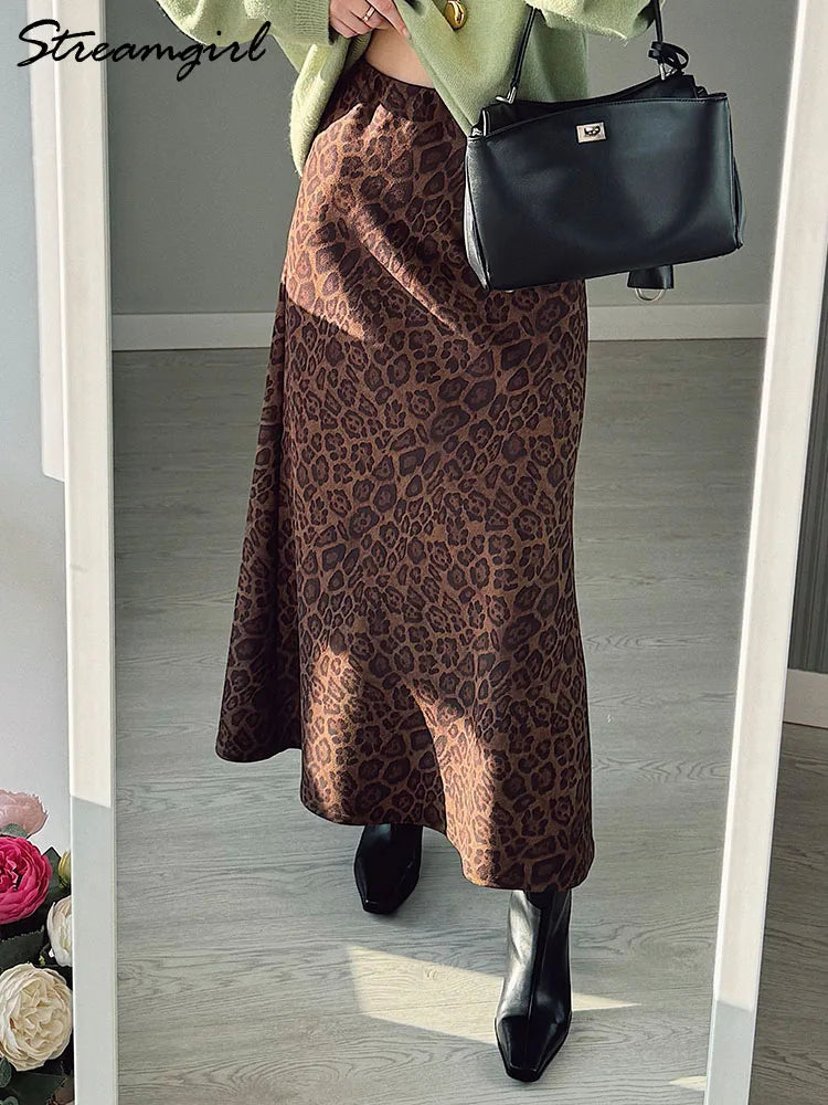 Jupe longue en daim imprimé léopard pour femme - Jupe longue trapèze marron vintage pour femme - Jupes longues en daim chaudes léopard pour l'hiver