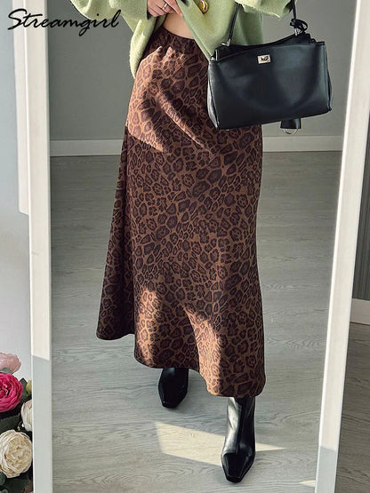 Jupe longue en daim imprimé léopard pour femme - Jupe longue trapèze marron vintage pour femme - Jupes longues en daim chaudes léopard pour l'hiver