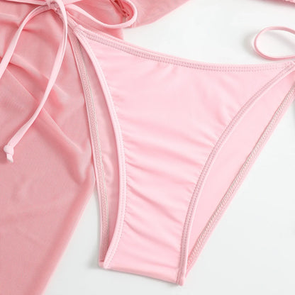 Ensembles de bikinis micro string roses pour femmes 4 pièces avec hauts en maille et jupe maillot de bain tenues de plage biquini