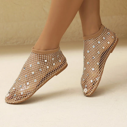 2026 Summer Women's New Luxury Sequin Bottom Hollow Short Boots Water Diamond Sexy Flat Bottom Fashion Banquet Flats Sandals﻿