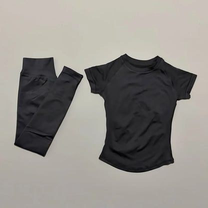 2 Pieces HISTELLO Yoga Set Women Short Sleeve Crop Top Low Waist Butt Lifter Leggings Seamless Breathable Stretch Fitness Sets