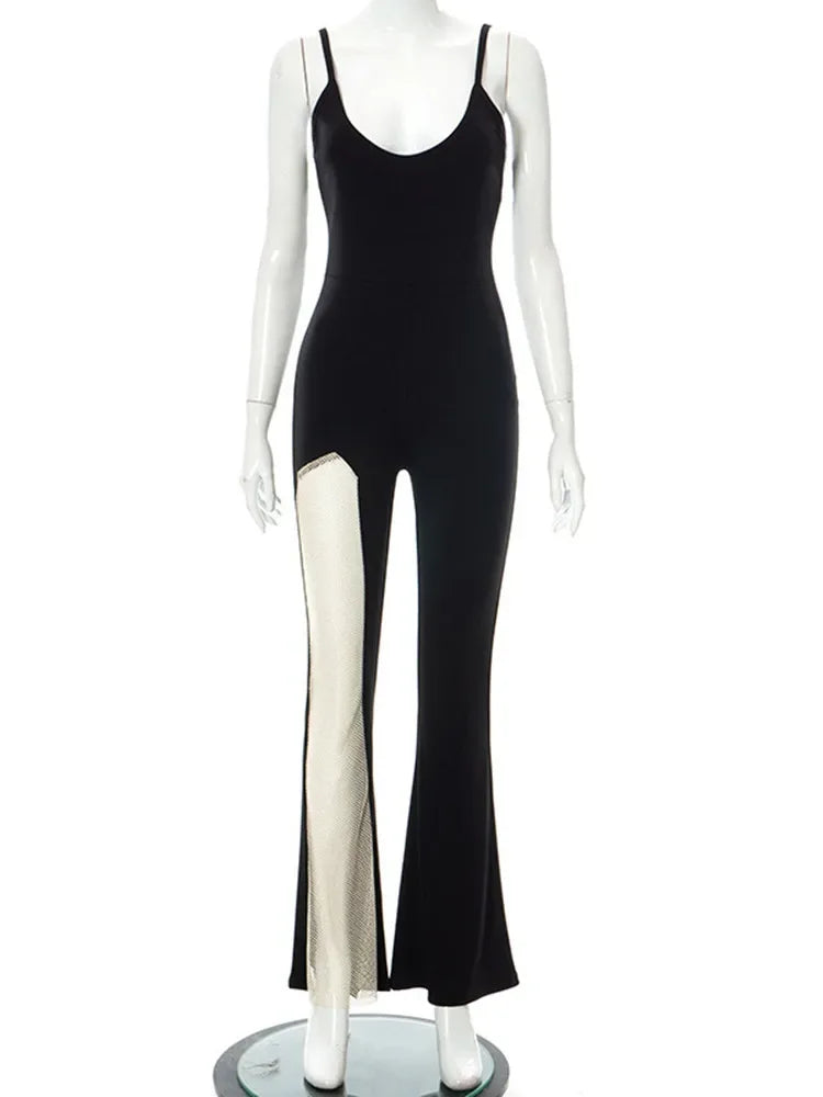 Gauze Jumpsuits Solid Black Jump Suits For Women Overalls Sleeveless Combinaison Femme Flare Pants Romper Monos Mujer Elegante