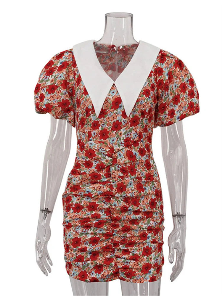 Mini Dress For Women Summer Printed Fashion Short Sleeve  Contrast V-Neck Elegant Dress Female Bodycon Dress New