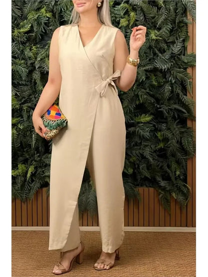 Combinaison décontractée femme Col en V sans manches Combinaison à lacets pour femme Mode Bureau Vacances Vêtements femme Combinaisons Été Nouveau
