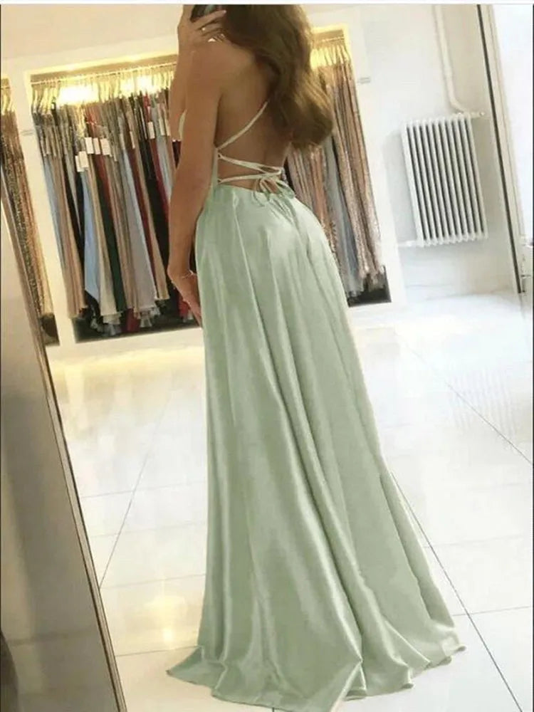 Élégante Robe Longue Femme Satin de Plage Sexy Fente Dentelle Robe de Soirée Bal Bretelles Réglables Robes de Demoiselle d'Honneur