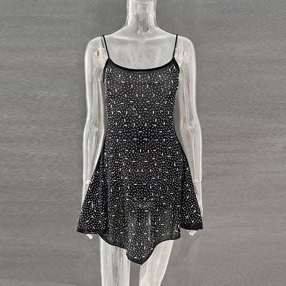 DGLUKE Spaghetti Strap Asymmetrical Mini Dress Sexy See Through Mesh Summer Dress Woman Sparkly Rhinestone Party Prom Dress