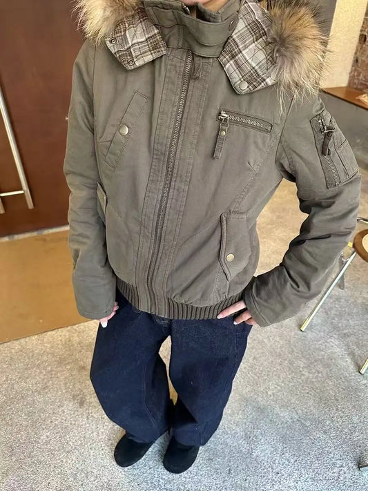 Women's Daily Commute Army Green Thicken with Fur Collar Warm Design Cardigan for Winter Harajuku Japanese Style Simple Jackets
