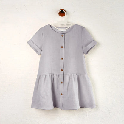 Children's Muslin Gauze Short-Sleeved Dress Summer New Solid Color Collision Buttons Girls Round Neck 100% Cotton A-Line Dresses