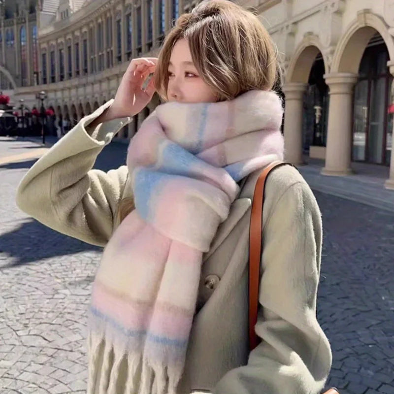 Plaid Scarf Winter New - Faux Cashmere Maillard Style, Korean Warm Vintage Fashion Thick Wrap for Women