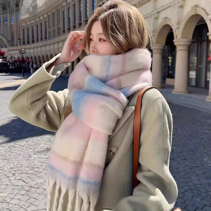 Plaid Scarf Winter New - Faux Cashmere Maillard Style, Korean Warm Vintage Fashion Thick Wrap for Women