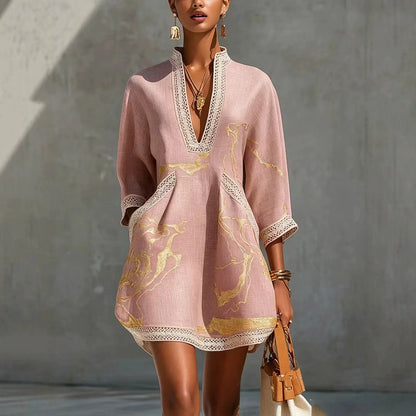 B Elegant Mini Dress for Women Fashion Lace Trim V Neck Abstract Print 3/4 Sleeve Pocket Dress Casual Commuting Vacation Dresses