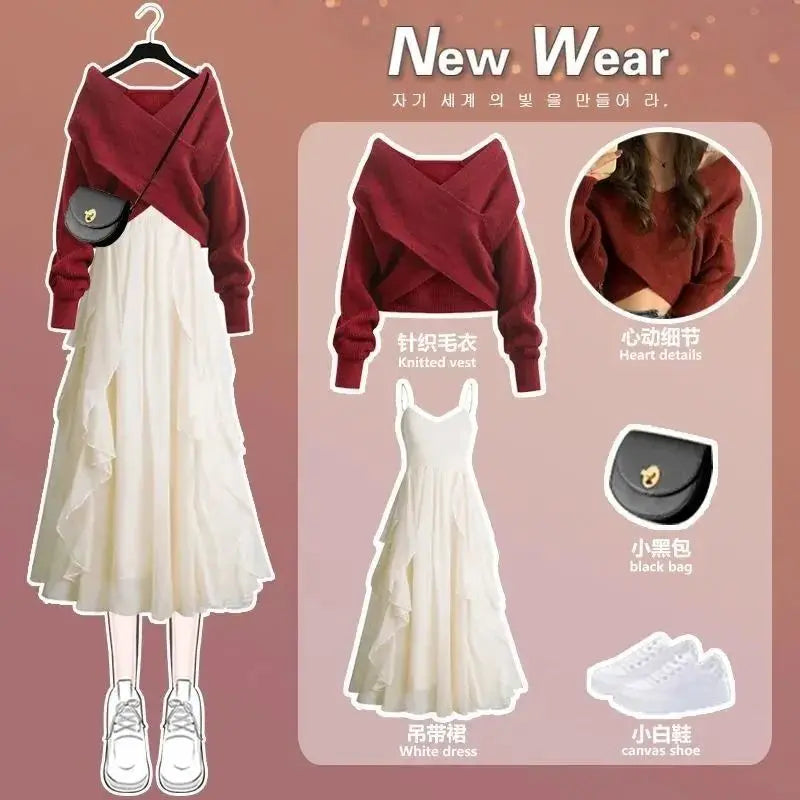 Women's Knitted Sweater Skirt Two Piece Set Women Slim Elegant Tops Female Sweater Dress Suits Lady Knitting Outfit