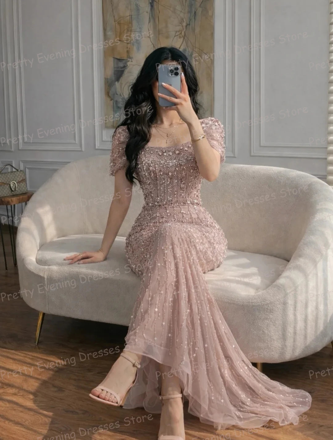 Simple Shiny Evening Dresses Woman's Sequined Fashion Cap Sleeve Mermaid Prom Gowns Customized Party Tulle Vestidos De Novia