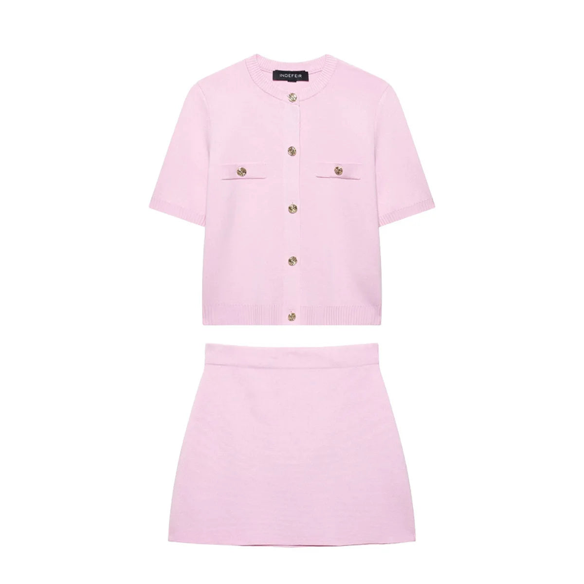 HH Women's Elegant Suit Round Collar Single-Breasted With Short Sleeve Pocket Knitted Top+Elastic Waist Mini Skirt Set