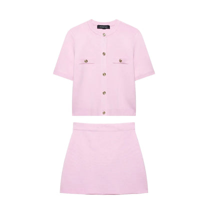 HH Women's Elegant Suit Round Collar Single-Breasted With Short Sleeve Pocket Knitted Top+Elastic Waist Mini Skirt Set
