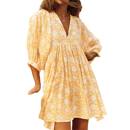 Women's Mini Dress, Half Sleeve V-Neck Lacing Flower Print Pleated Loose Summer Dress for Casual Daily