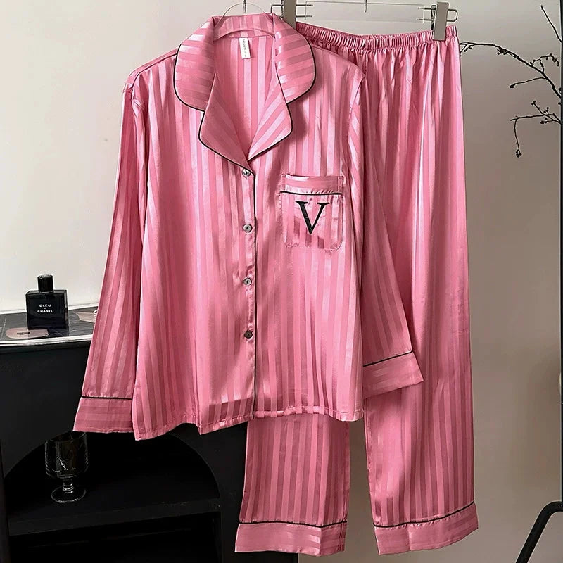 Women Two-Piece Pajamas Lady Sleepwear 2025 New Classic Female Housewear Simulated Silk Summer Cool Long Sleeve Trousers Suit