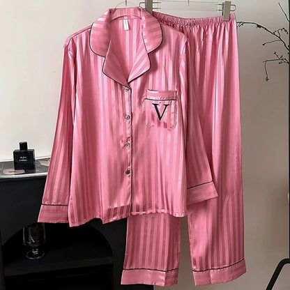 Women Two-Piece Pajamas Lady Sleepwear 2025 New Classic Female Housewear Simulated Silk Summer Cool Long Sleeve Trousers Suit