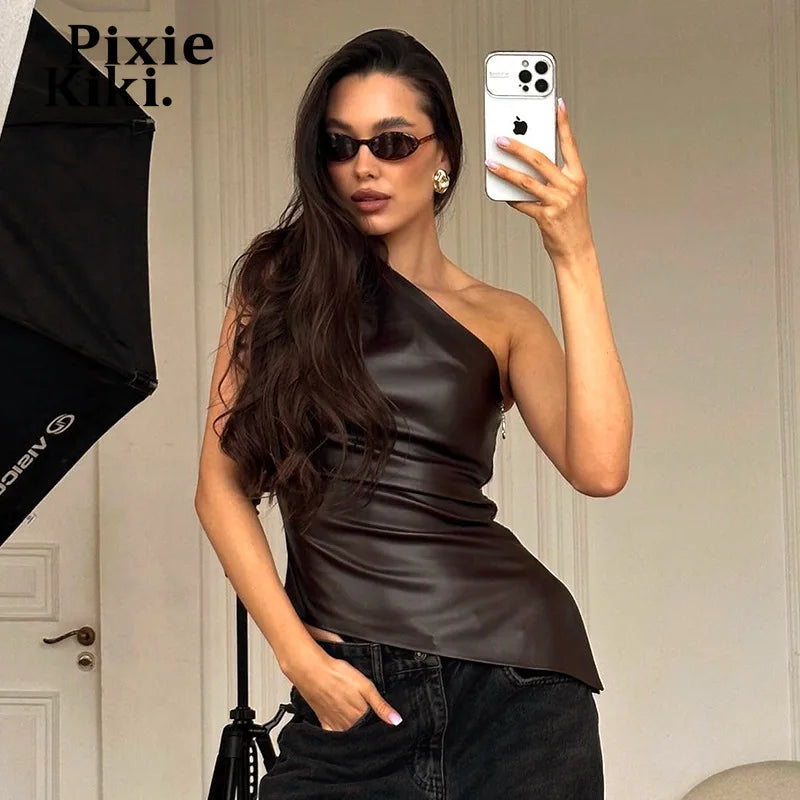 PixieKiki Fashion T-shirts sans manches en cuir synthétique, fermeture éclair latérale, hauts asymétriques à une épaule, vêtements pour femmes automne 2024 C85-CA12