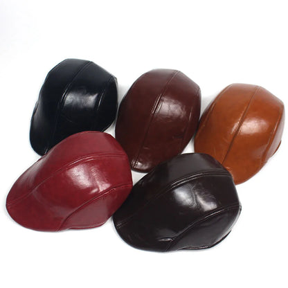 Fall Winter PU Men's Beret Hat Fashionable Casual Style Headwear for Men Bright Leather-like Warm Forward Hats Visors for Women