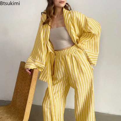 Women's Two-piece Set  Autumn New Striped Long-sleeved Loose Lace-up Top High-waisted Trousers Fashion Casual Suit for Women